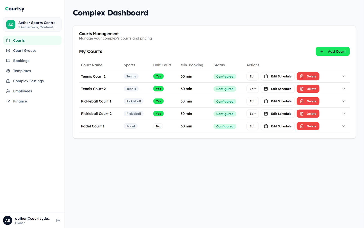 Courtsy dashboard showing bookings and schedule management
